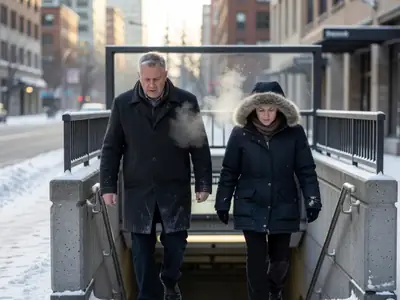 Two commuters in winter coats climbing the stairs out of a subway station entrance onto a snowy sidewalk.