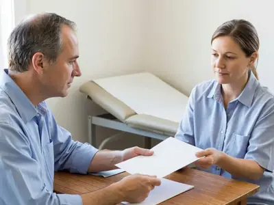 A doctor handing a plain sheet of paper to a patient across a small exam room desk.