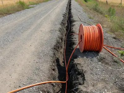 Fresh fibre cable being laid in a trench along a gravel country road.