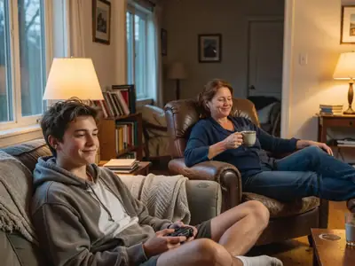 A teenager downloading a big game while a parent streams in the next room, both relaxed.