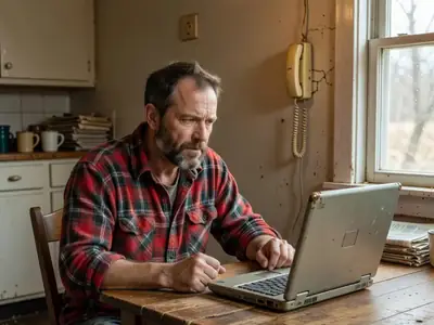 A frustrated man waiting for a video to load on an old laptop in a rural farmhouse kitchen.