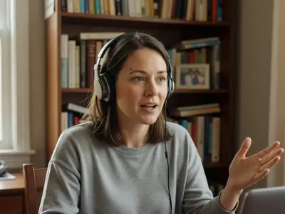A woman on a video call from her home office, wearing headphones, speaking animatedly.