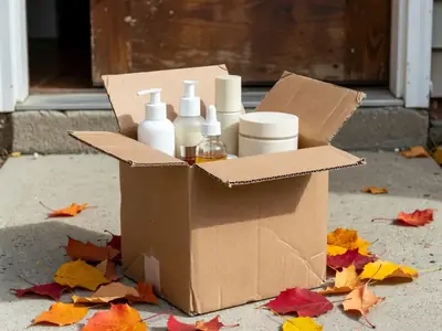 A small plain cardboard parcel opened on a doorstep with skincare products inside.