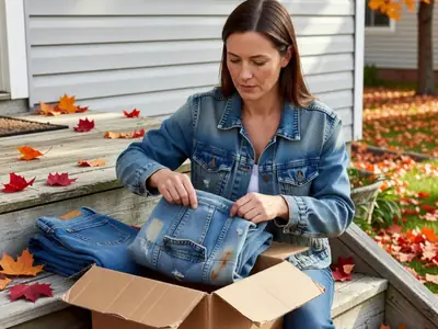 A woman opening a plain brown cardboard parcel on her front porch and lifting out a folded denim jacket, looking at it thoughtfully.