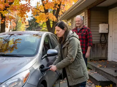 A woman plugging a charging cable into the charge port on the front fender of a used compact electric car while the seller watches from the porch.