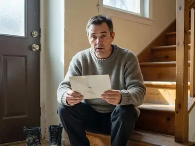 A man sitting on the stairs of his front hall looking at a plain envelope with raised eyebrows.