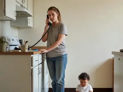 A young mother on the phone at a kitchen counter, calm and determined, with a toddler playing nearby.