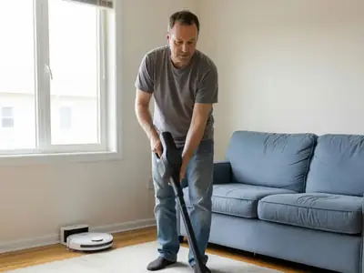 A man vacuuming a living room rug with a cordless stick vacuum while a robot vacuum sits on its dock.