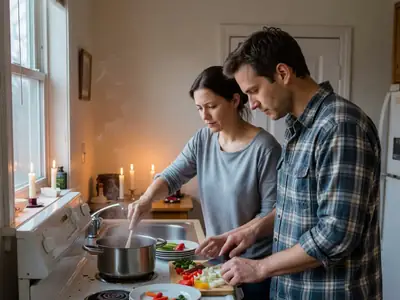 A couple cooking a Valentine's dinner together at home with candles on the table.
