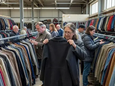 An older woman browsing racks in a big thrift store, holding up a wool coat.