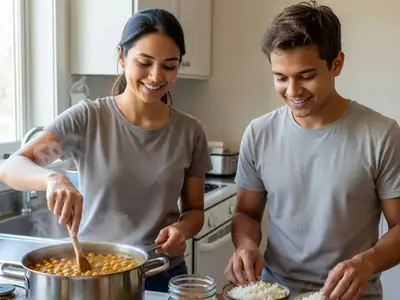 A young woman stirring a big pot of chickpea curry while her partner sets bowls of rice on the table.