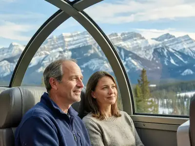 A couple in a train's dome car watching the Rockies roll by.