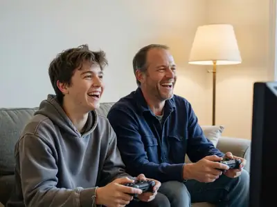 A teenager and his dad sitting on a sofa holding plain black game controllers, laughing at a game.