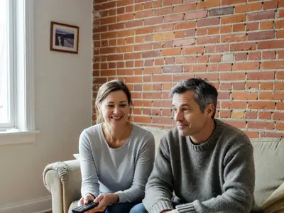 A couple in a Québec living room, the woman holding a TV remote and shaking her head with a smile.