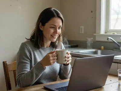 A woman on a video call with a doctor on her laptop at her kitchen table, holding a mug.