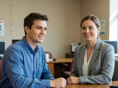 A young man talking with a friendly bank advisor across a desk in a bank branch.