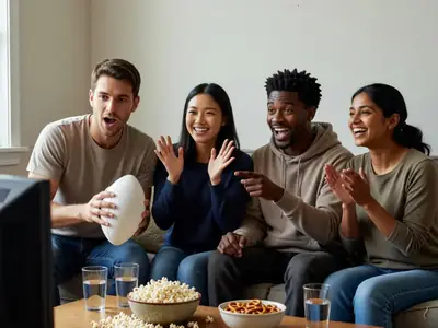 Four friends on a couch reacting excitedly while watching a football game, seen from beside the TV so the screen is not visible, one holding a plain foam football.