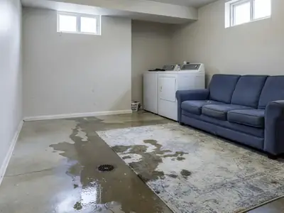 A finished basement with water on the floor near a floor drain and a wet area rug.