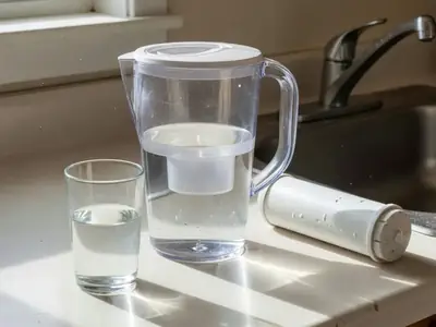 A water filter pitcher on a kitchen counter beside a glass of water and an under-sink filter cartridge.