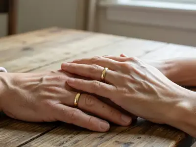 Two hands with simple gold wedding bands resting together on a wooden table.
