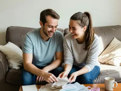 An engaged couple sitting on a sofa sorting through fabric swatches and a few flower samples, laughing together.