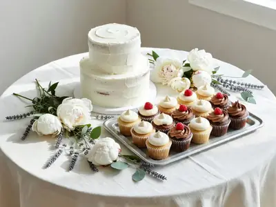A small two-tier white wedding cake beside a tray of cupcakes on a dessert table.