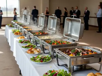 A long buffet table of catered dishes with chafing dishes and servers at a wedding.