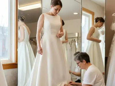 A bride trying on a gown in a small bridal boutique while a seamstress pins the hem.