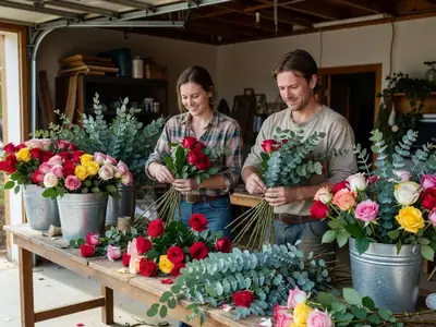 Two friends arranging bulk flowers into centrepieces at a long table.