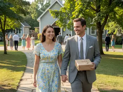 A smiling couple dressed as wedding guests, a woman in a floral dress and a man in a grey suit, walking up a church path holding a wrapped gift box.