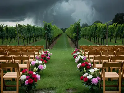 An outdoor wedding ceremony setup with empty chairs under grey storm clouds.