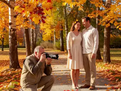 A wedding photographer crouching to photograph a couple under autumn trees.