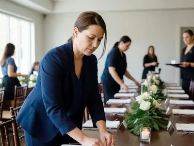 A wedding coordinator adjusting place settings at a reception table before guests arrive.