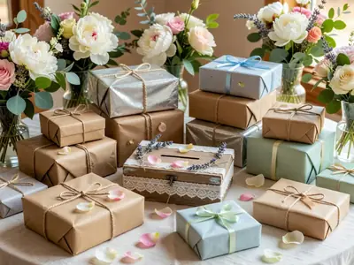 A gift table at a wedding reception with wrapped boxes and a decorated card box.
