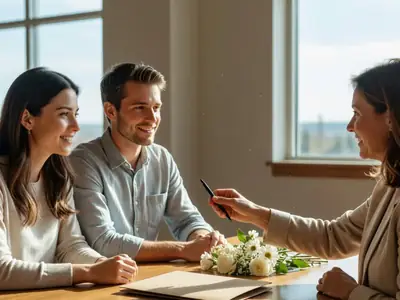An engaged couple sitting across a table from a wedding venue manager who is handing them a pen, a closed folder in front of them.