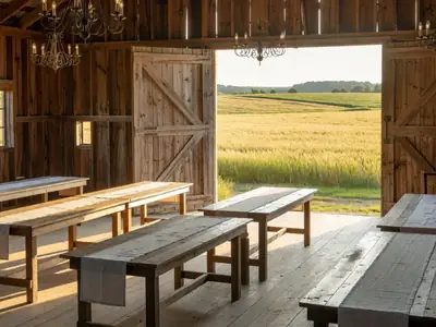 An empty heritage barn venue set for a wedding reception with long wooden tables and chandeliers.