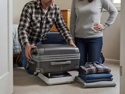 A traveller weighing a carry-on suitcase on a bathroom scale at home before a trip.