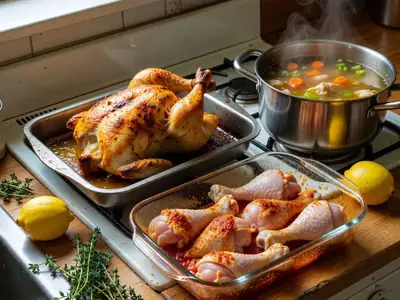 A roast whole chicken, a tray of marinated drumsticks and a pot of chicken soup on a stovetop and counter.