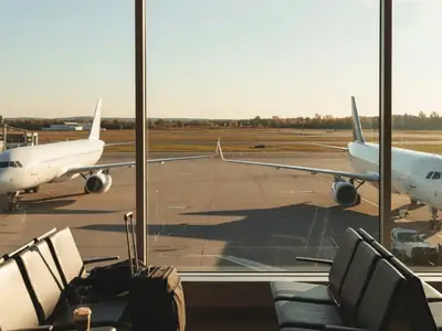 A large airport window overlooking parked passenger jets and a runway at sunrise.