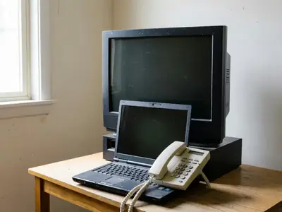 An old flat-screen TV, an old phone and an aging laptop stacked on a desk in a spare room.