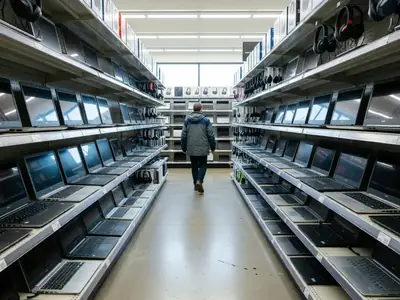 A big-box electronics store aisle with laptops and headphones on display, a shopper walking away.
