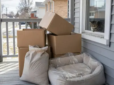 A pile of pet supplies on a front porch, plain boxes, a bag of litter and a new dog bed.