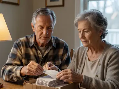 A couple in their sixties at the dining table sorting a shoebox of pharmacy receipts together.