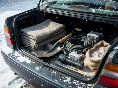 An open car trunk with a neatly packed winter emergency kit: a folded wool blanket, a small shovel, booster cables, a flashlight, hand warmers and a bag of sand.