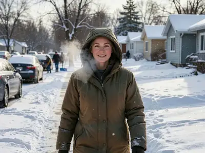 A woman in a long warm winter parka with the hood up walking to work along a snowy sidewalk.