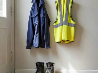 A uniform shirt, steel-toe boots and a hi-vis vest hung on hooks by a back door.