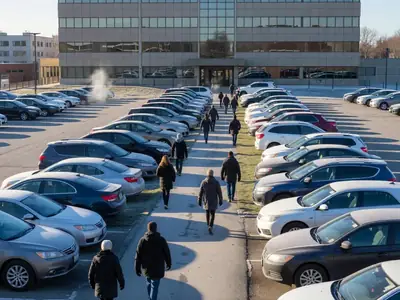 An employee parking lot outside a suburban office building in the morning with commuters walking in.