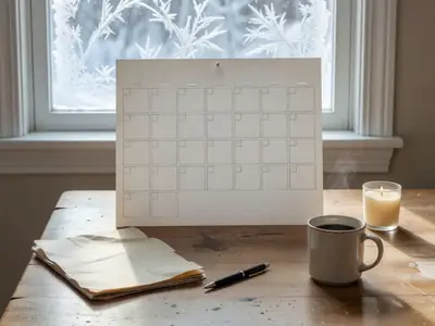 A kitchen table by a frosty window with a plain paper wall calendar showing a December grid, a pen, a mug of coffee and a folder.