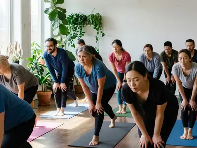 A yoga class in a bright studio with participants in a pose.