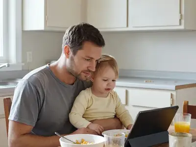 A toddler and her father watching a video on a tablet propped on the kitchen table.